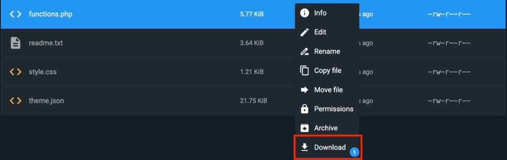 O botão Download no Gerenciador de Arquivos da Hostinger