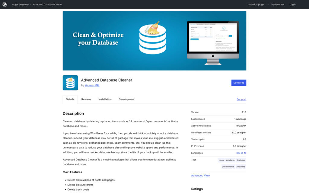 Página do plugin Advanced Database Cleaner para WordPress, destacando seus recursos para otimização e limpeza de bancos de dados