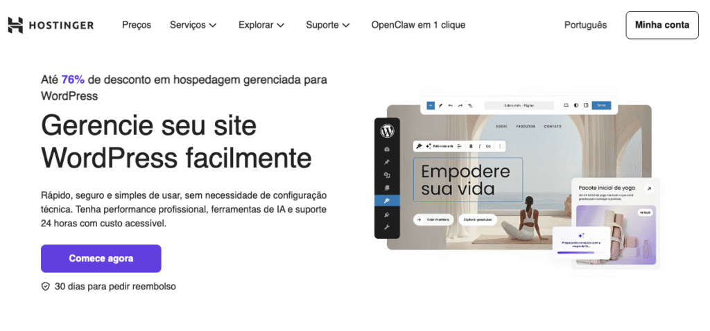 Página da Hostinger anunciando hospedagem WordPress gerenciada, mostrando uma interface de painel, detalhes de preços e uma pontuação de desempenho para dispositivos desktop