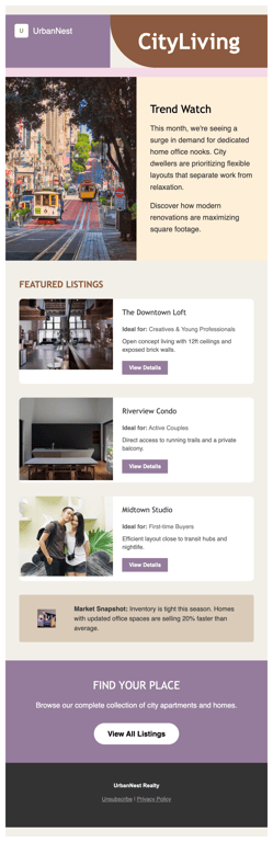 Colorful city listings real estate newsletter