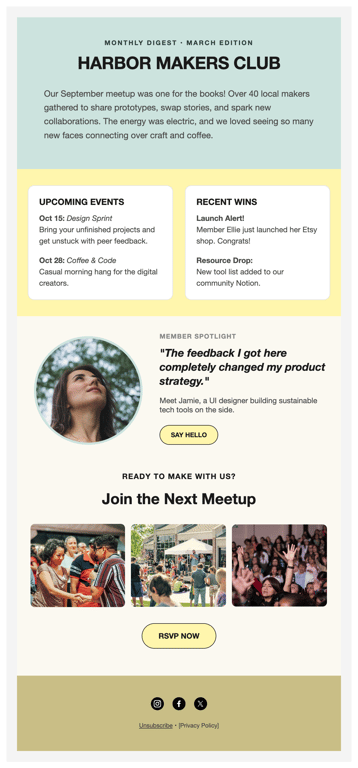 Warm coral community meetup recap newsletter