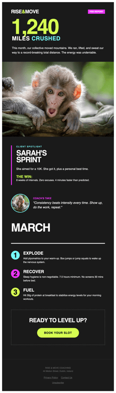 Energetic fitness coaching monthly results newsletter