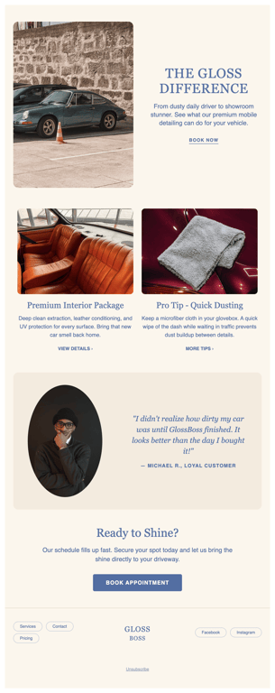 Beige mobile car detailing service promo newsletter