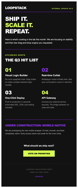 Dark internal product roadmap newsletter