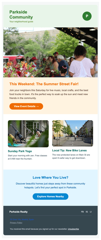 Cheerful community events real estate email