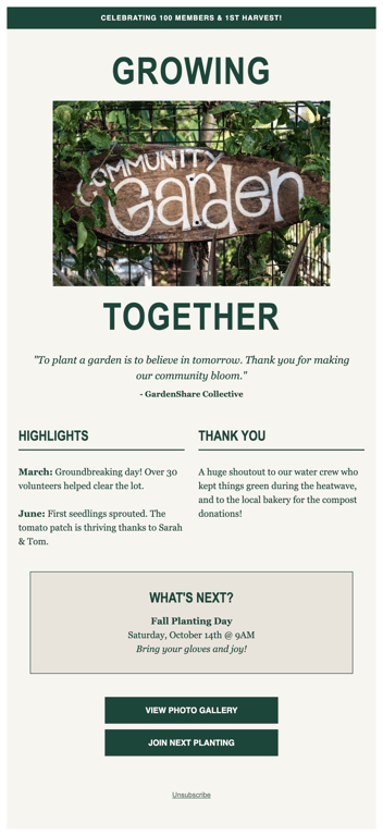 Green garden milestone celebration community email