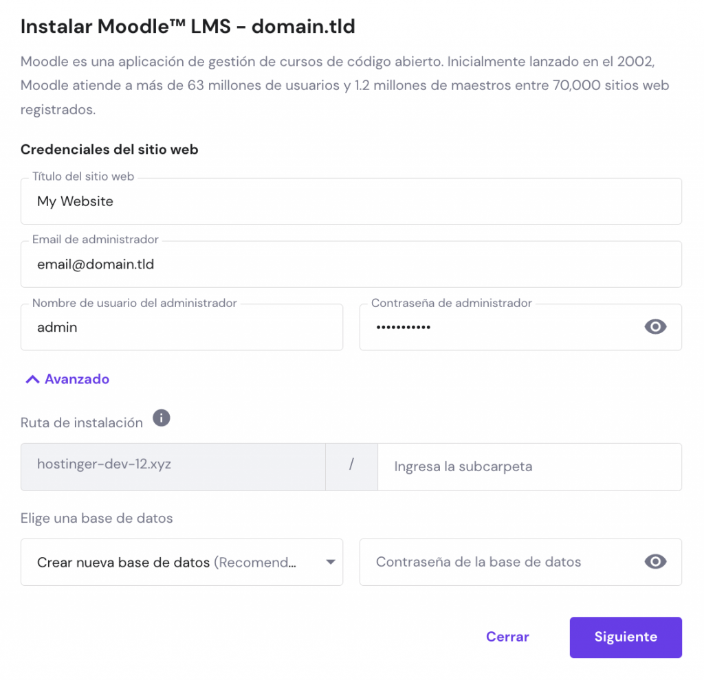 La ventana de instalación de Moodle con el autoinstalador de hPanel