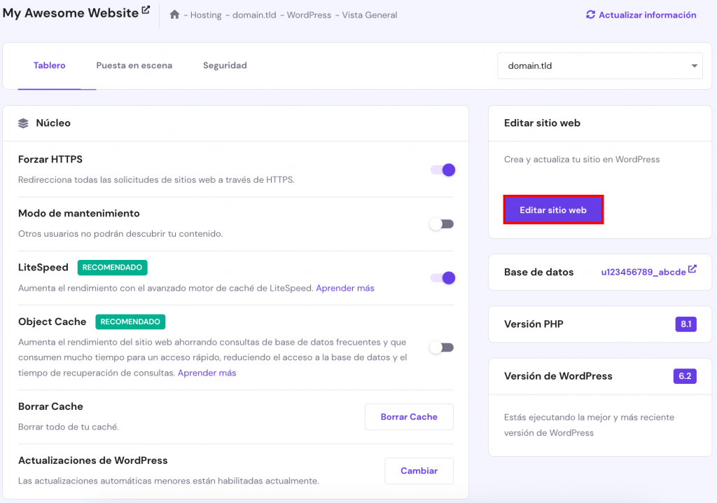 Sección Panel de WordPress en hPanel con el botón Editar sitio web resaltado