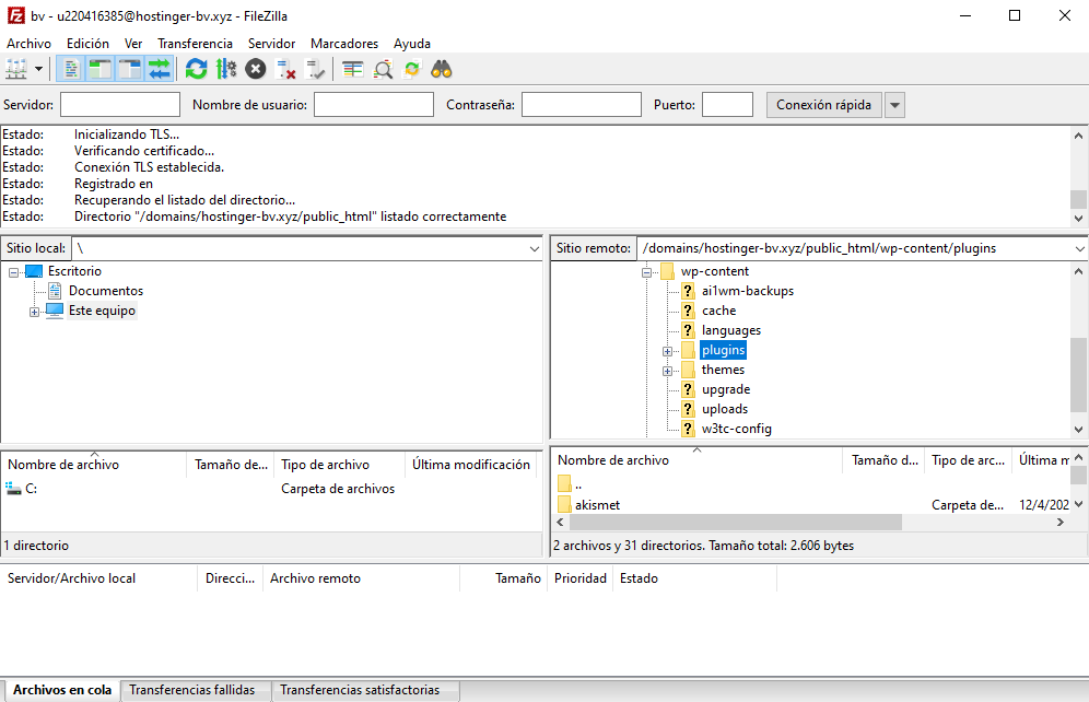 Ir a la carpeta plugins en el cliente FTP Filezilla