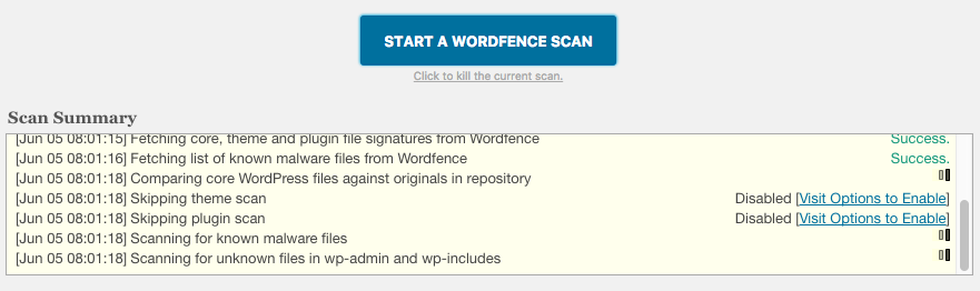 Start a wordfence scan in wordpress