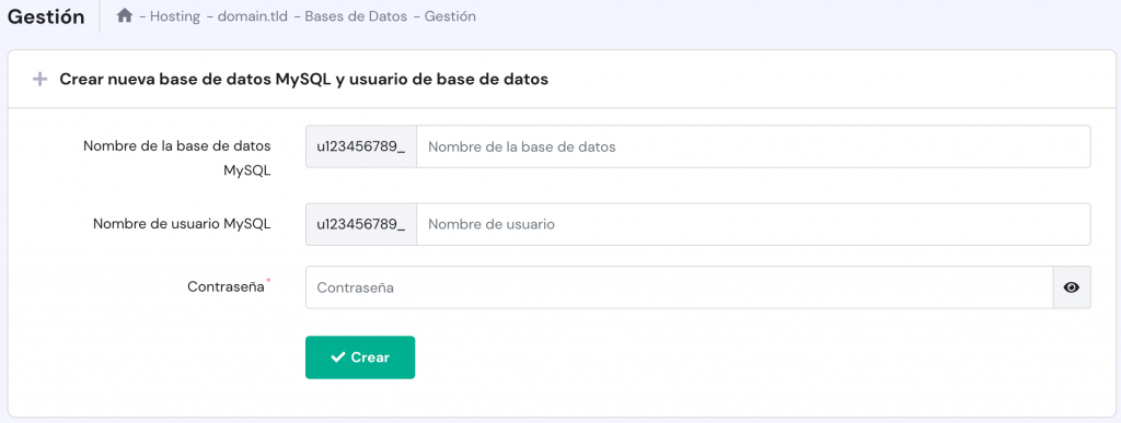 La página de gestión de las bases de datos en hPanel