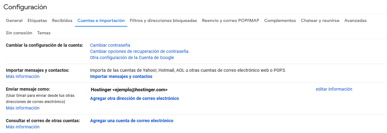 Ir a la sección Cuentas en la Configuración de GMail