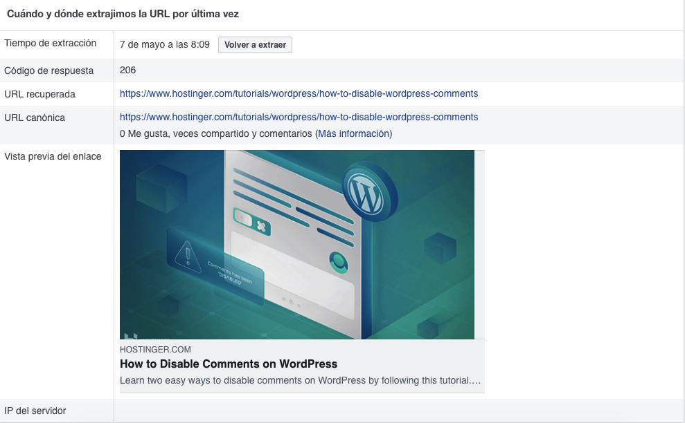 Vista previa de un enlace en la herramienta de depuración de facebook