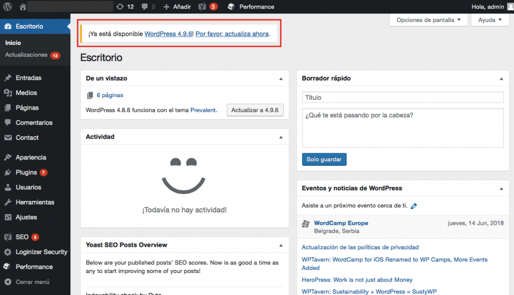Notificación de actualización de wordpress en el panel de administración
