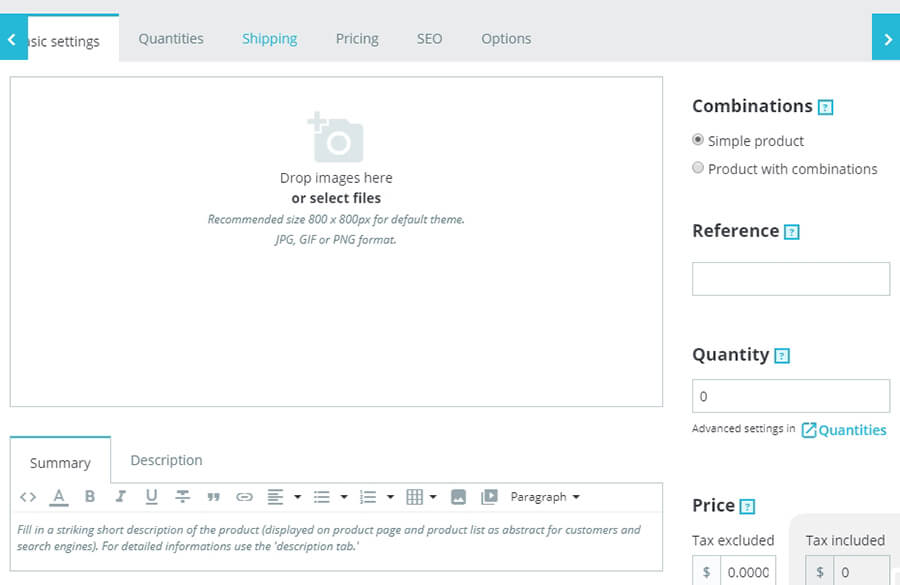 El editor de productos PrestaShop.