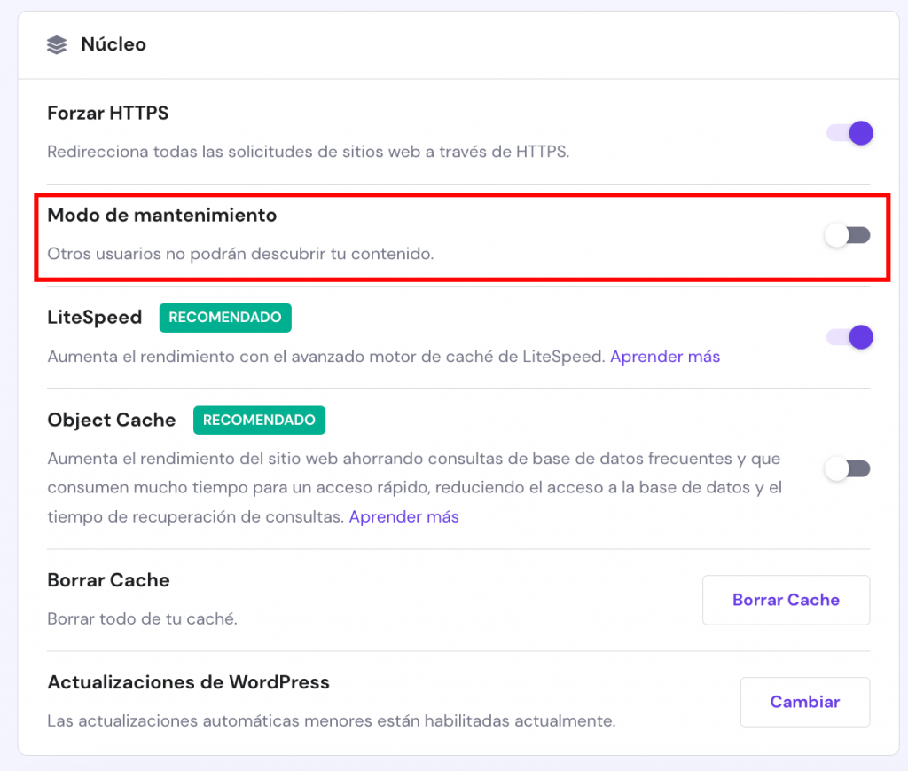 Página general de WordPress en hPanel. El botón para el modo de mantenimiento está resaltado
