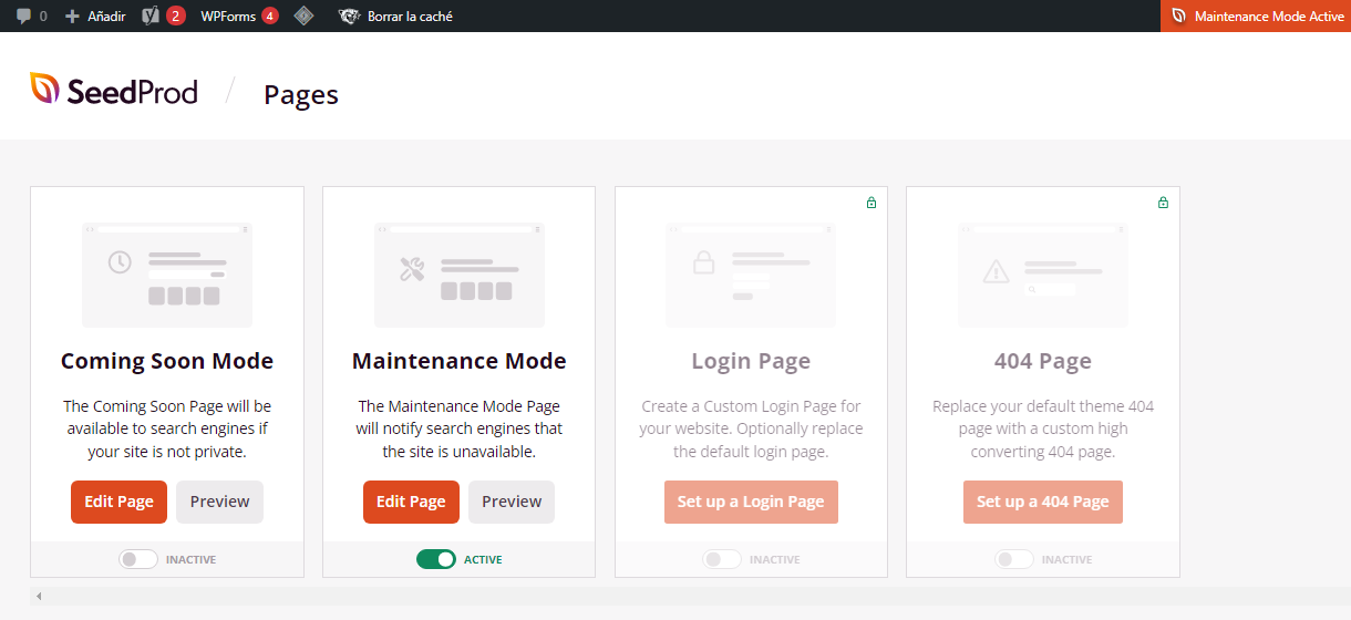 Modo mantenimiento de SeedProd activo en WordPress