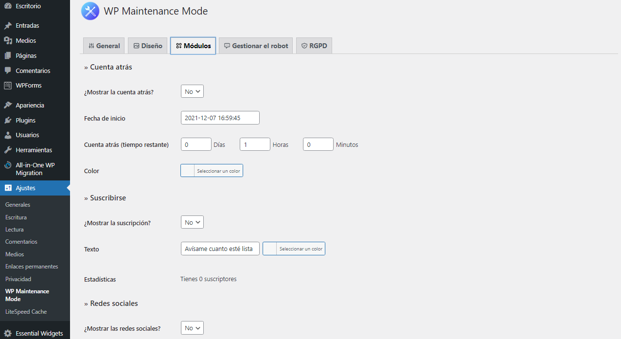 Sección Módulos en el menú de WP Maintenance Mode