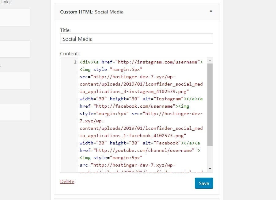 Ingresando los códigos para mostrar íconos de redes sociales como HTML personalizado