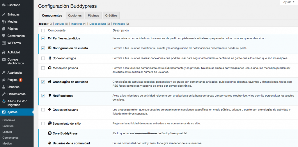 Página de componentes de BuddyPress