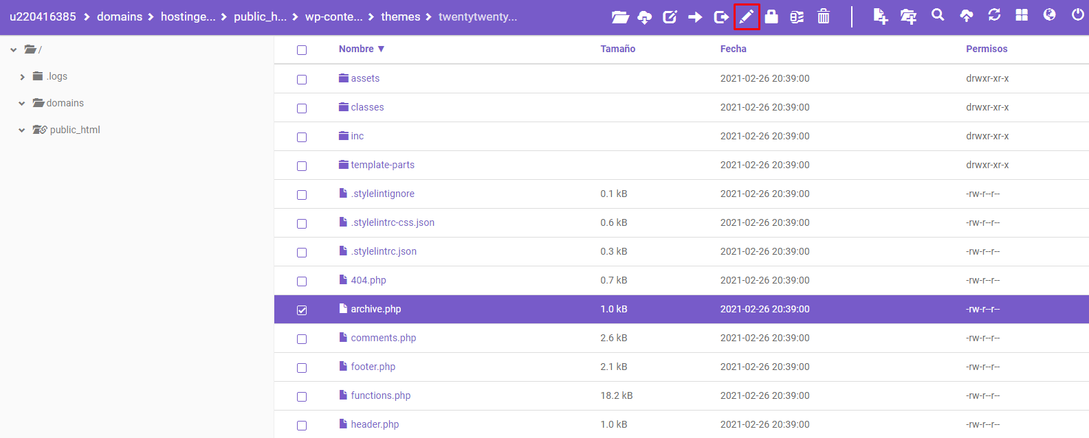 Elegir el archivo tu tema de WordPress