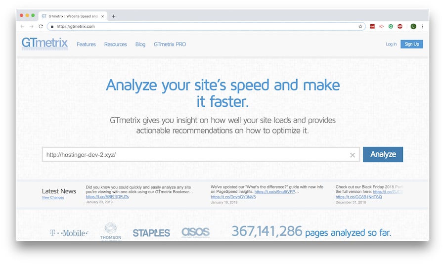 Página de inicio de GTmetrix