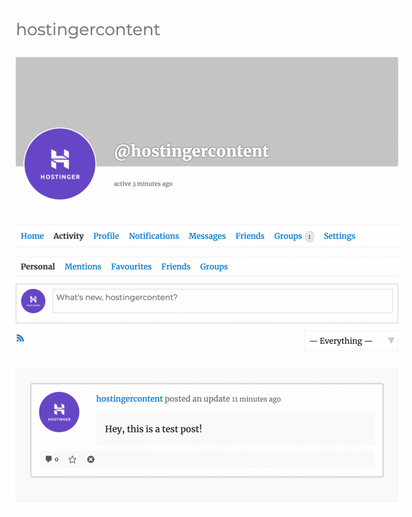 Mensaje de estado de prueba en la página de actividad de BuddyPress