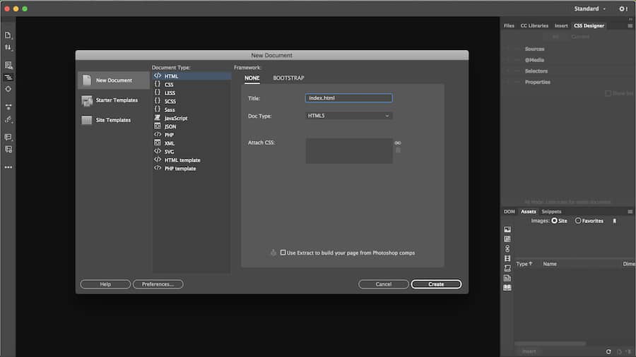 Interfaz amigable para principiantes para crear un nuevo documento