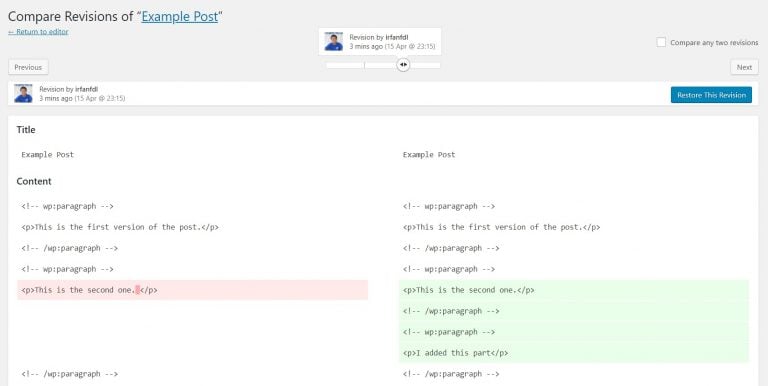 Comparación de revisiones secuenciales de WordPress