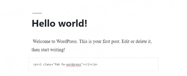 La vista previa del icono de WordPress de Font Awesome en la publicación de WP