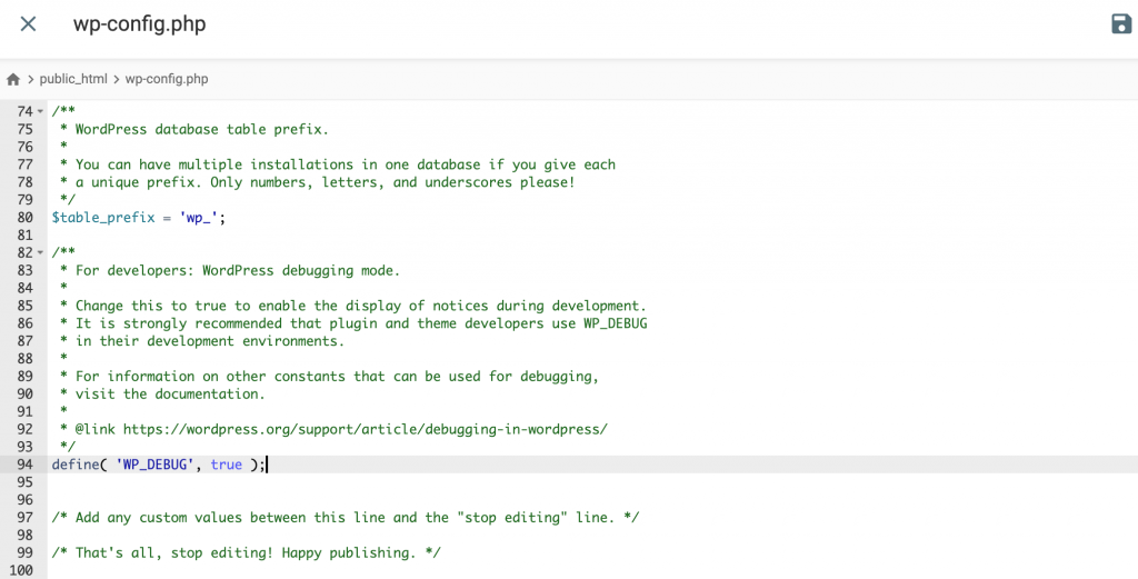 El archivo wp-config.php. Se añade código para depurar WP