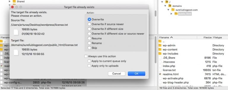 WordPress sobrescribe los archivos existentes a través de FTP