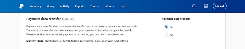 Esta imagen le muestra cómo habilitar la transferencia de datos de Pago y obtener el token de identidad, que utilizará para configurar PayPal en WooCommerce.