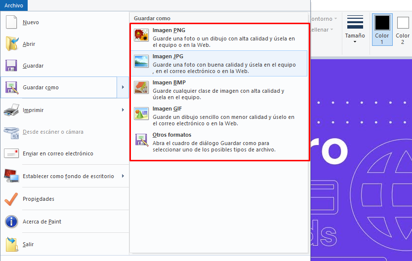 Guardar como otro formato en Paint
