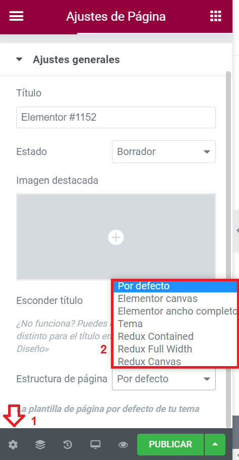 Ajustes de página de Elementor