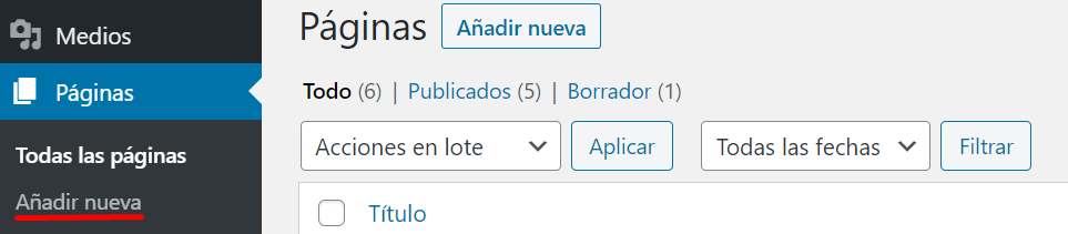 Añadir nueva página en el panel de WordPress
