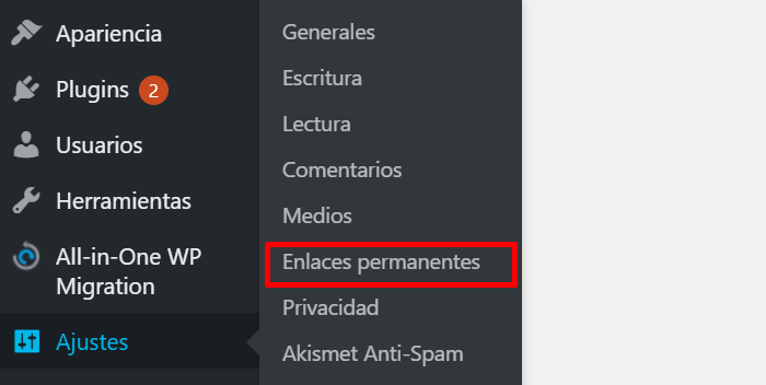 Sección enlaces permanentes en los Ajustes de WordPress