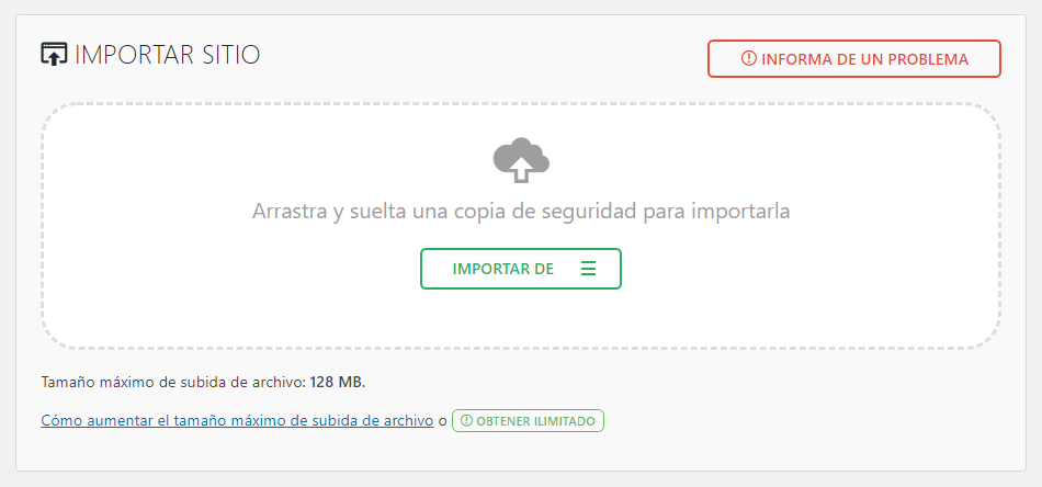 Función de Importar sitio en All in One WP Migration 