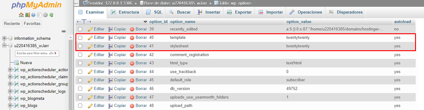 Renombrar temas en phpMyAdmin