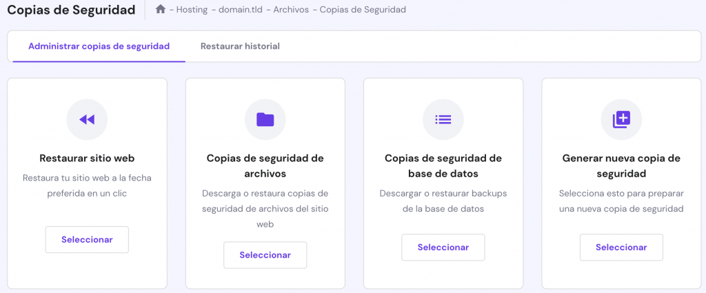 La página de Copias de Seguridad en hPanel