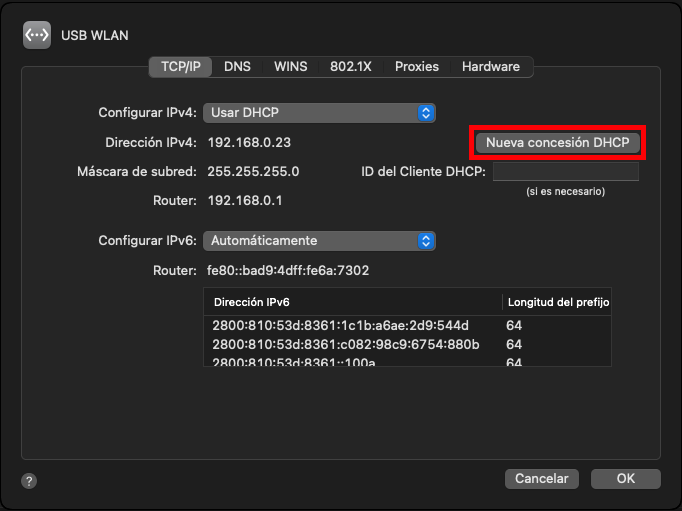 Nueva concesión de DHCP en Mac