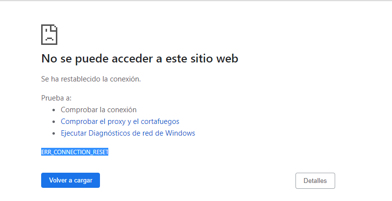 Mensaje de error ERR_CONNECTION_RESET
