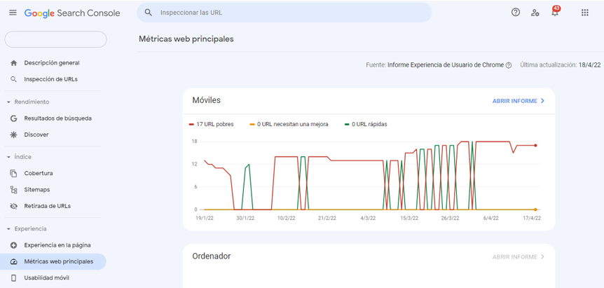 Informe de métricas web principales de Google Search Console