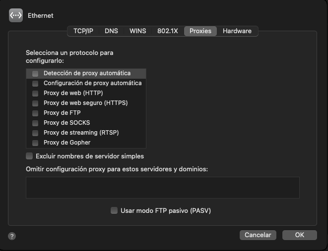 Ventana configuración proxy en MacOS