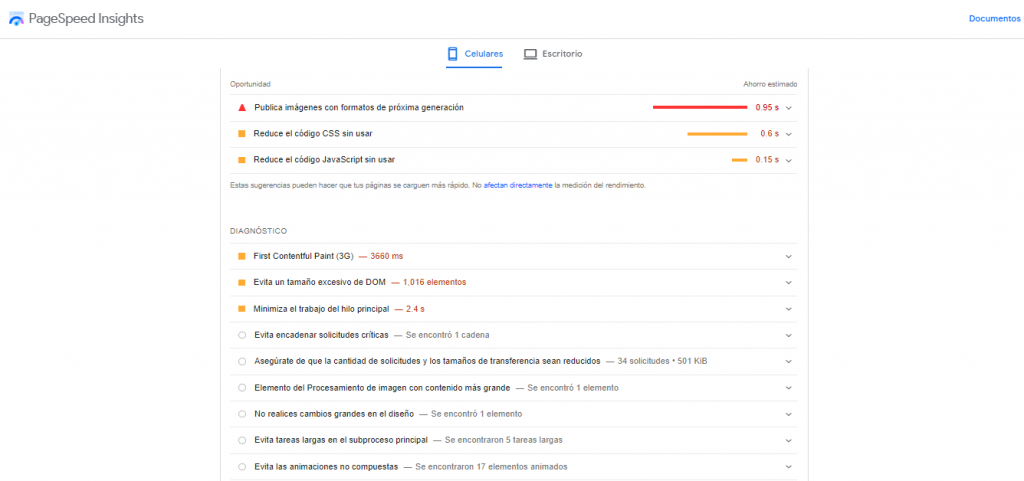 Oportunidades y diagnóstico obtenido de Pagespeed