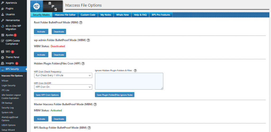 Visualización del plugin BulletProof Security en WordPress.