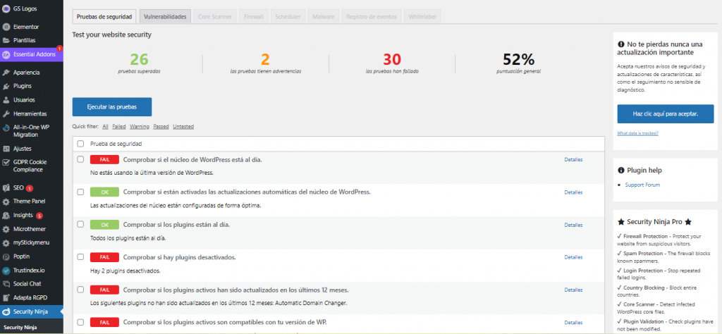 Visualización del plugin Security Ninja en WordPress.