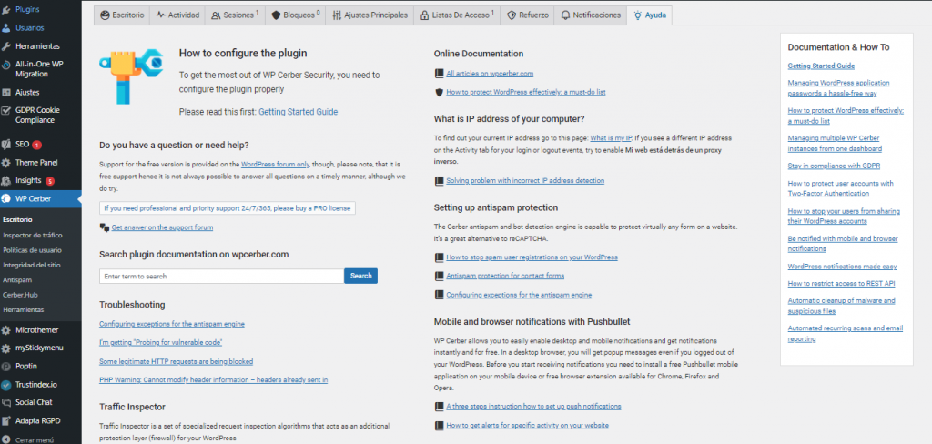 Visualización del plugin WP Cerber Security en WordPress.
