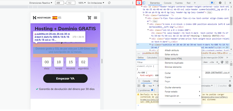 Opción de editar elemento html