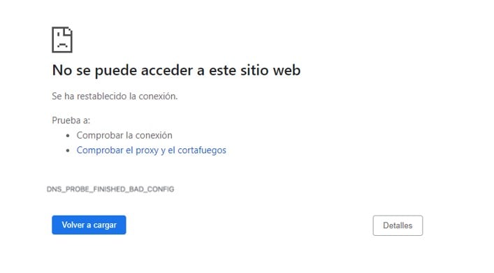 Previsualización del error DNS_PROBE_FINISHED_BAD_CONFIG